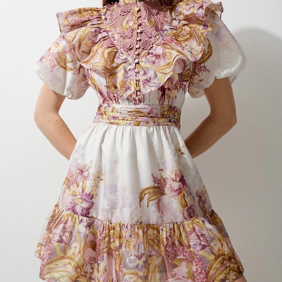 Karen Millen Floral Applique Crinkle Woven Cocktail Balloon Sleeves Mini Dress 8 - Picture 1 of 11